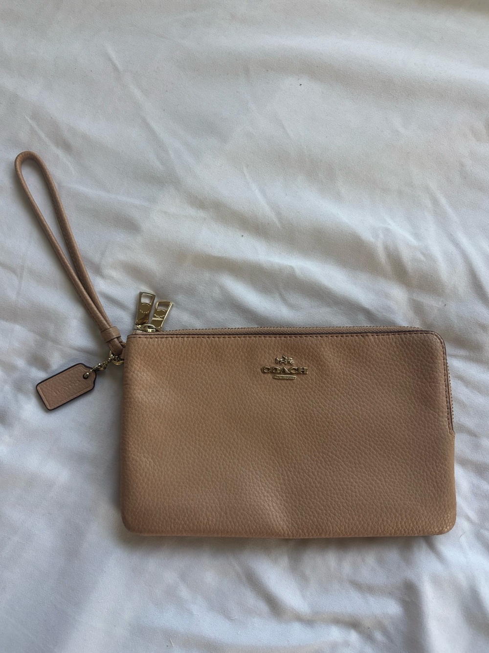 Coach Leather Wristlet in Light Tan with Gold Hardware